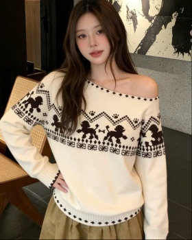 Sloping shoulder lazy sweater jacquard autumn and winter tops