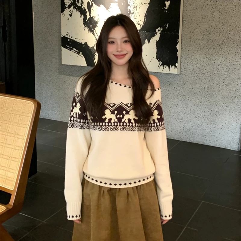 Sloping shoulder lazy sweater jacquard autumn and winter tops