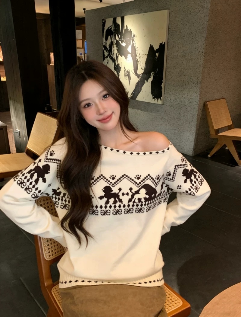 Sloping shoulder lazy sweater jacquard autumn and winter tops