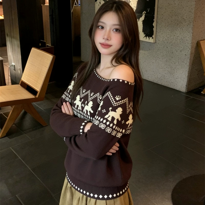 Sloping shoulder lazy sweater jacquard autumn and winter tops