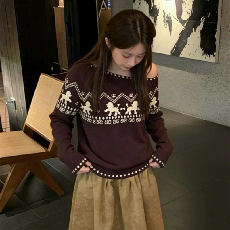 Sloping shoulder lazy sweater jacquard autumn and winter tops