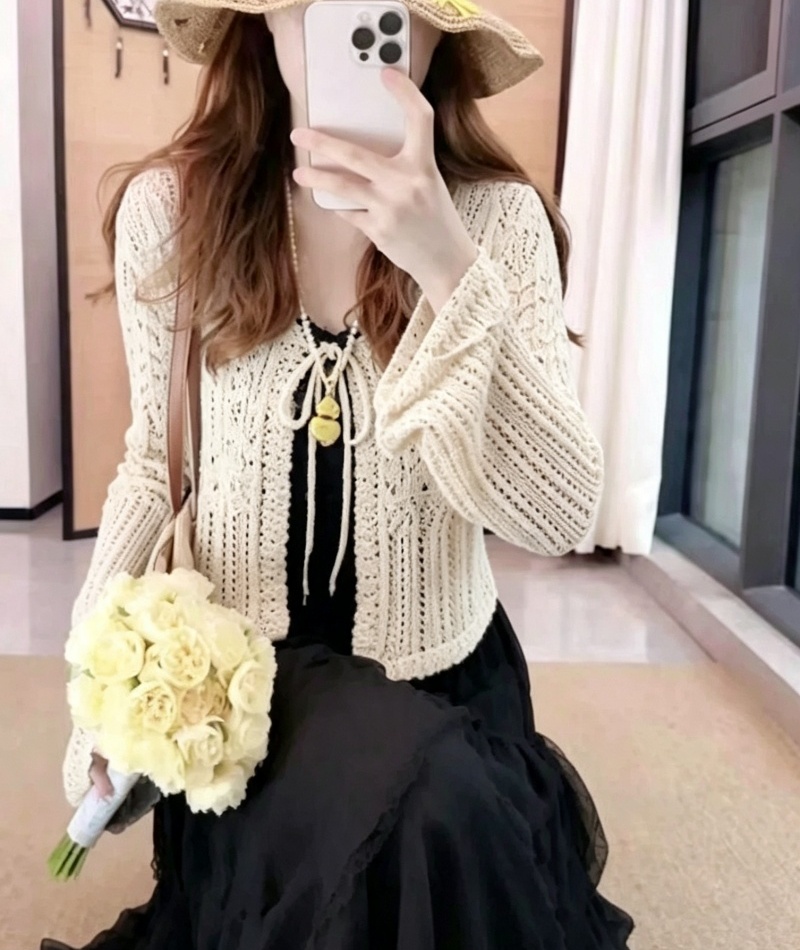 Hollow sunscreen green tops thin crochet cardigan