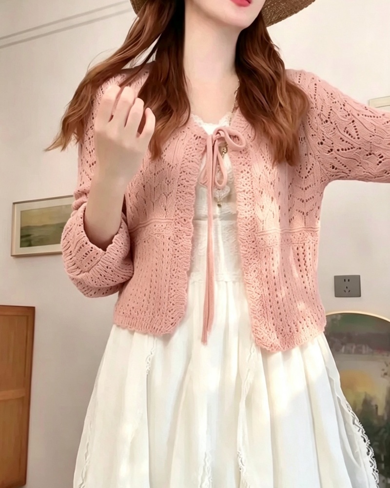 Hollow sunscreen green tops thin crochet cardigan