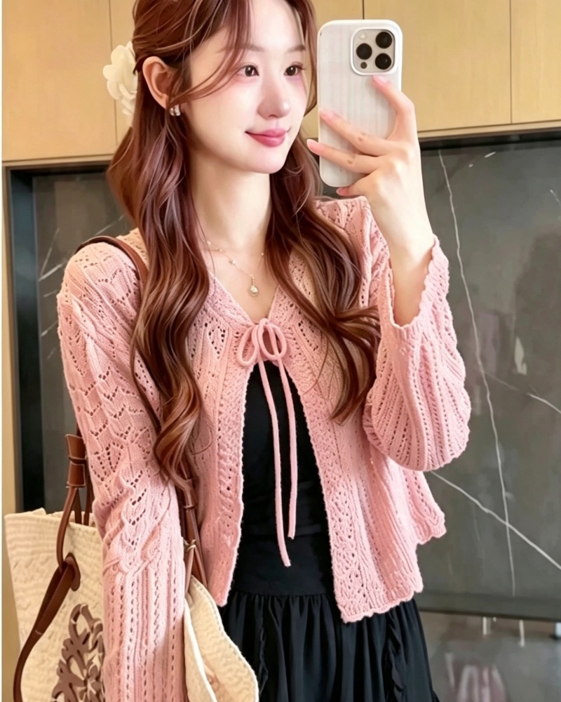 Hollow sunscreen green tops thin crochet cardigan
