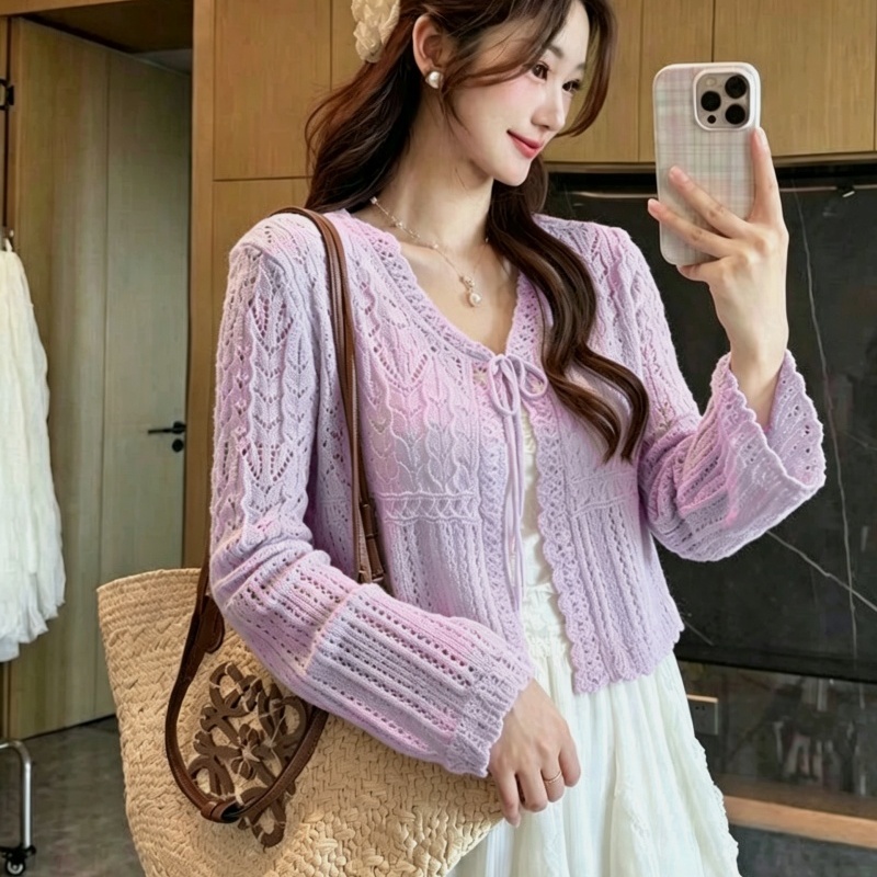 Hollow sunscreen green tops thin crochet cardigan