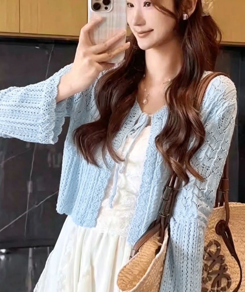 Hollow sunscreen green tops thin crochet cardigan
