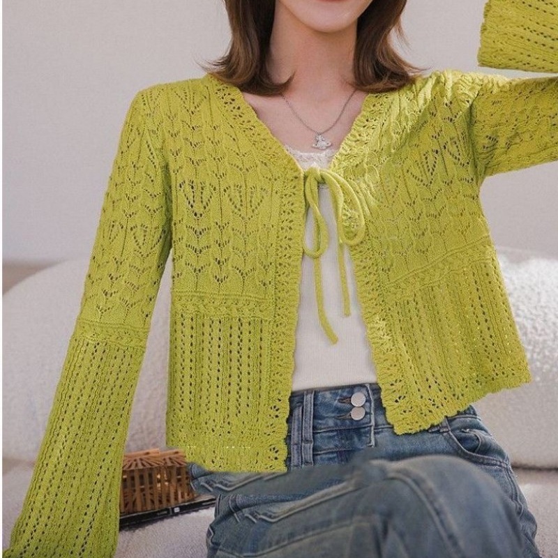 Hollow sunscreen green tops thin crochet cardigan
