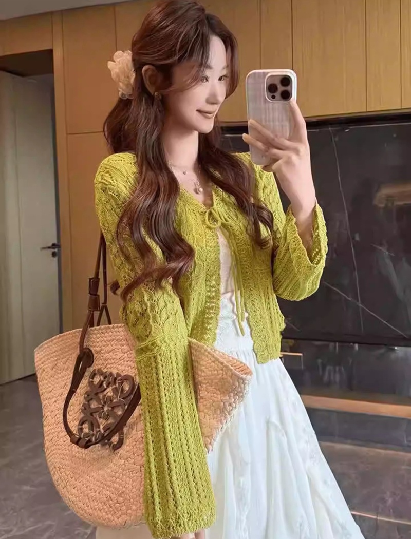 Hollow sunscreen green tops thin crochet cardigan