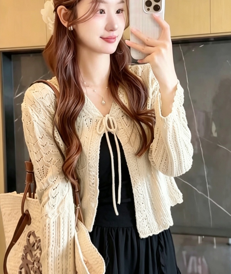 Hollow sunscreen green tops thin crochet cardigan