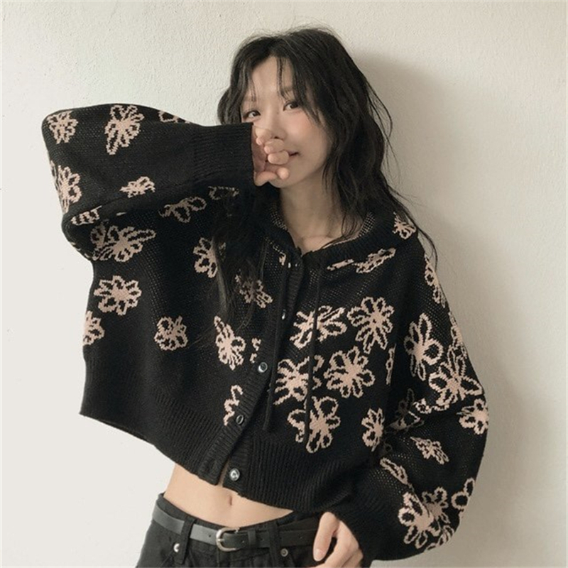 Knitted loose cardigan Korean style flowers coat for women