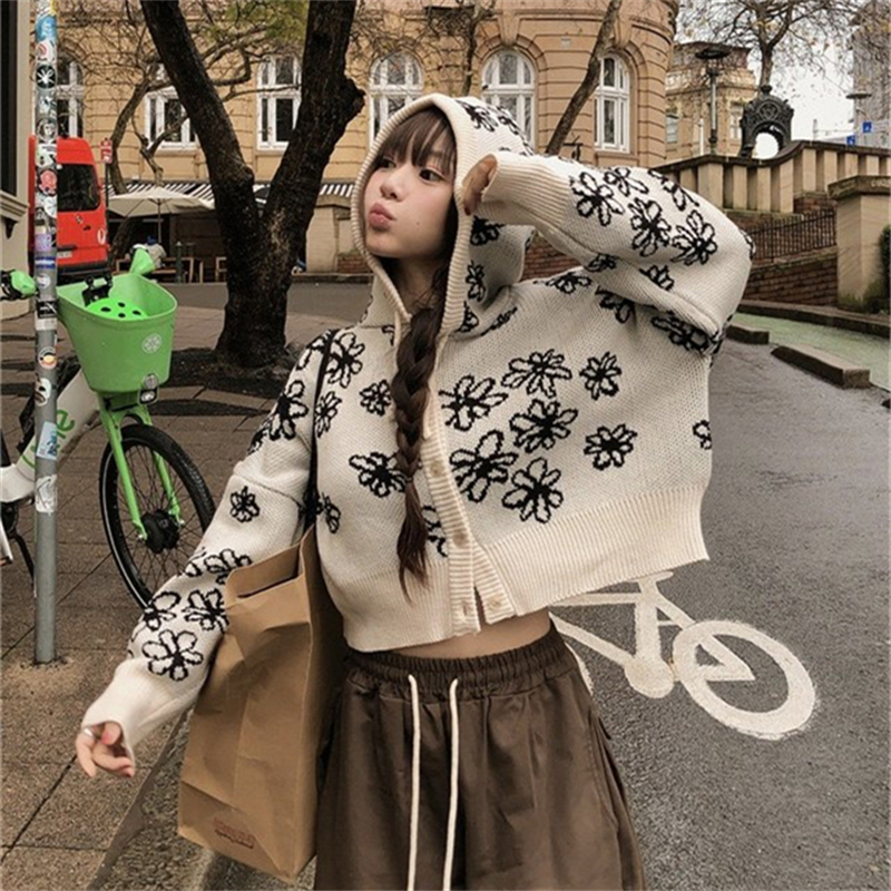 Knitted loose cardigan Korean style flowers coat for women