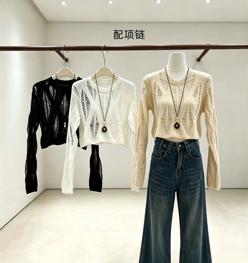 Hollow diamond short sweater autumn sexy tops for women