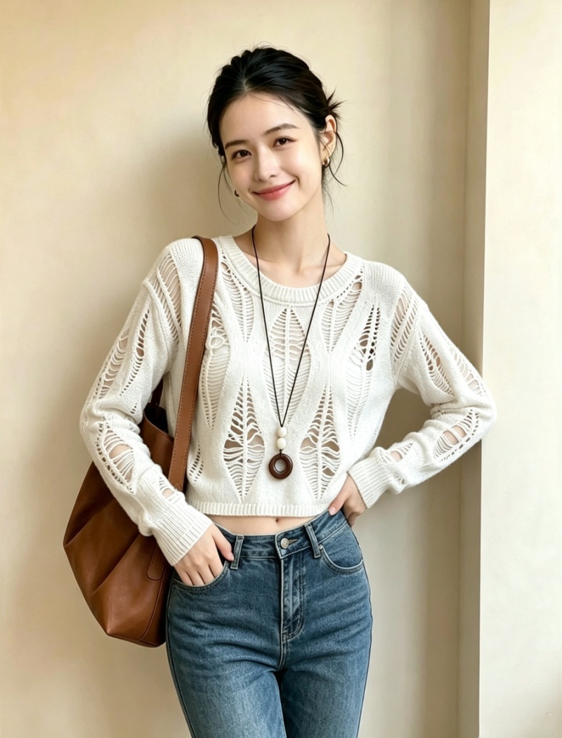 Hollow diamond short sweater autumn sexy tops for women