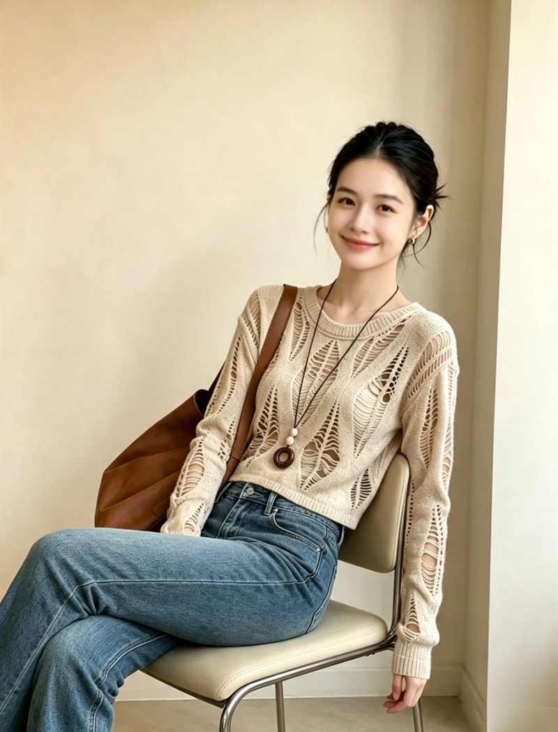 Hollow diamond short sweater autumn sexy tops for women