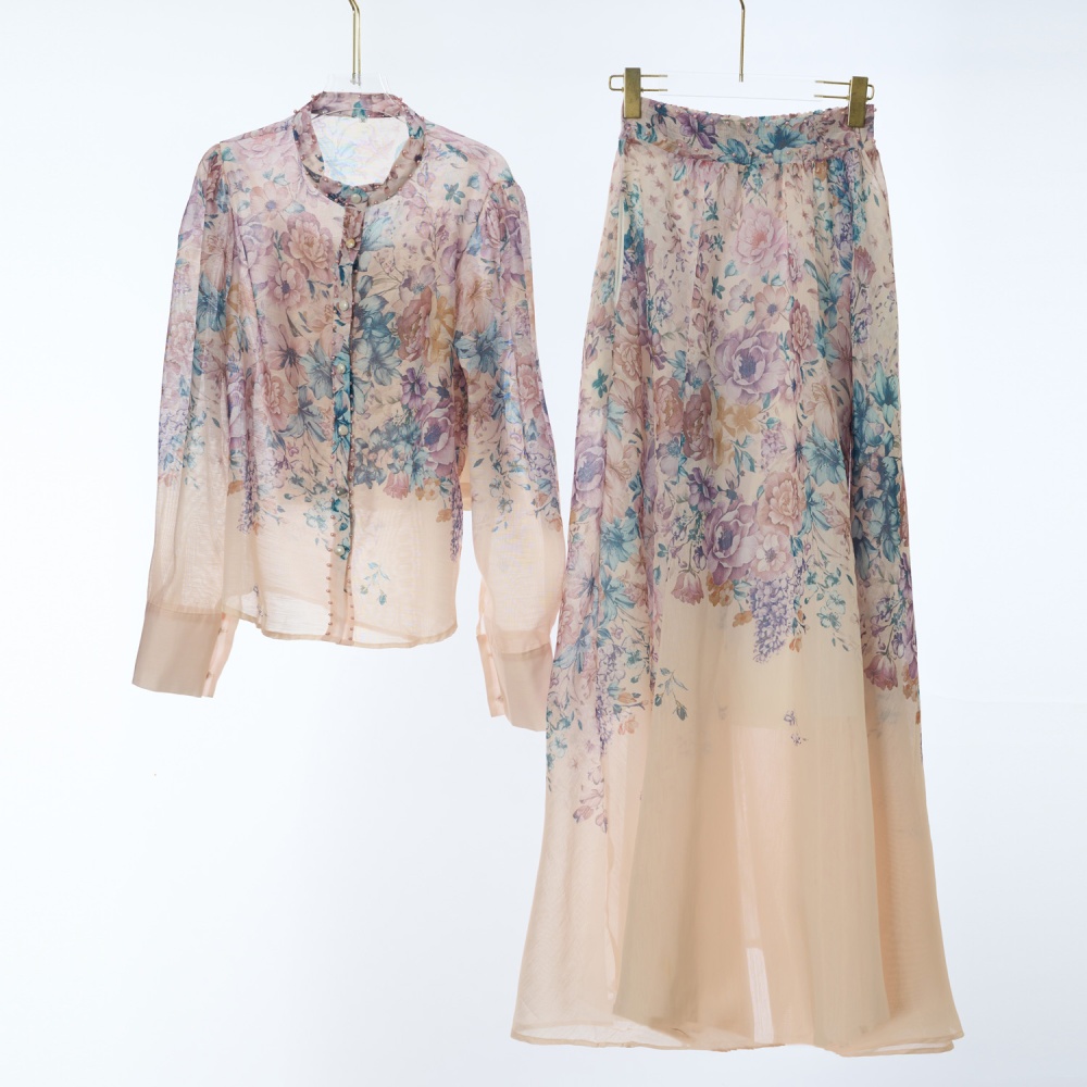 Printing long sleeve long skirt elegant skirt a set