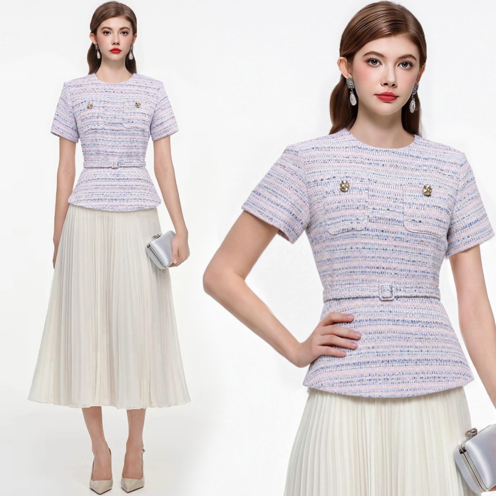 Chanelstyle pinched waist short sleeve France style dress