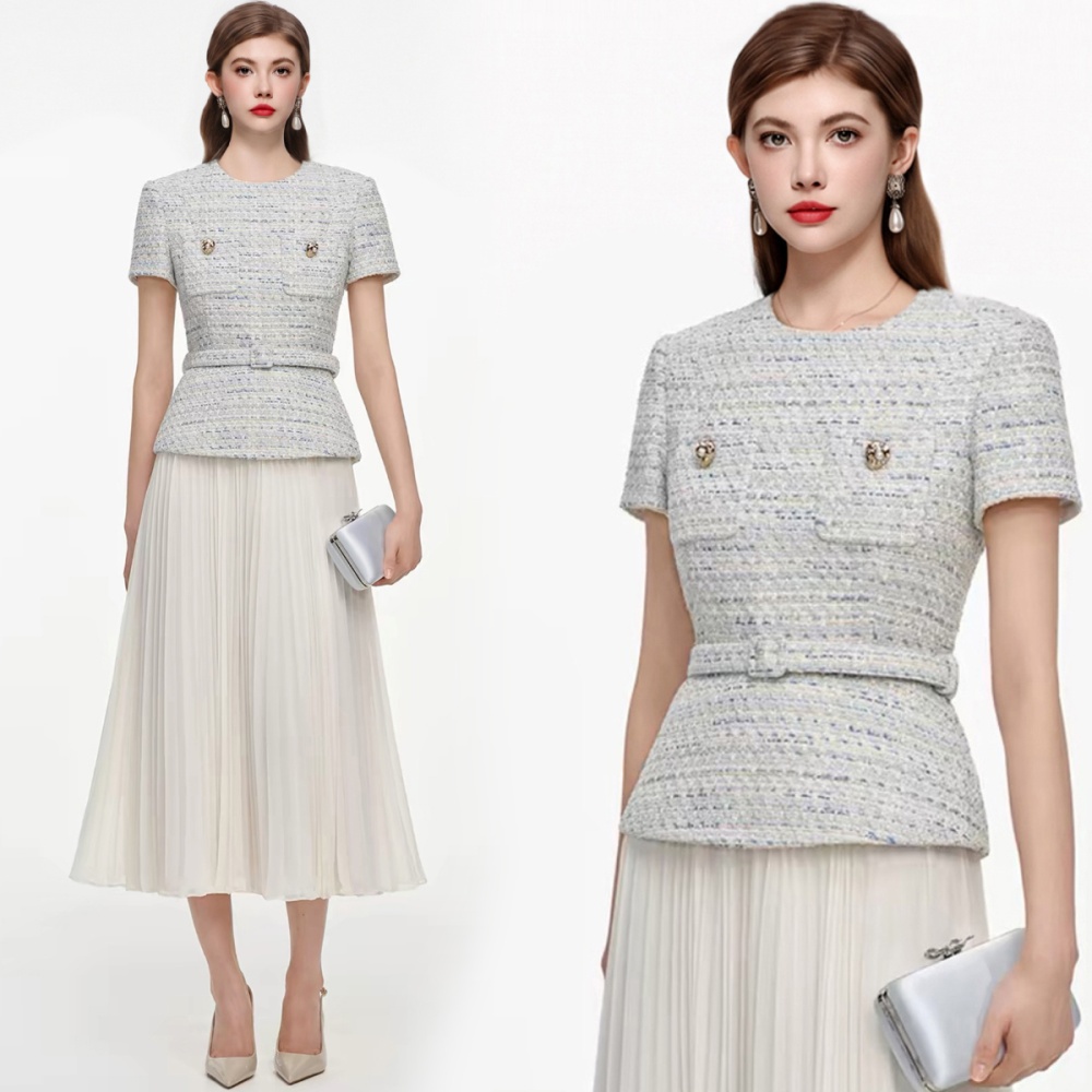 France style round neck with belt Pseudo-two coarse flower dress