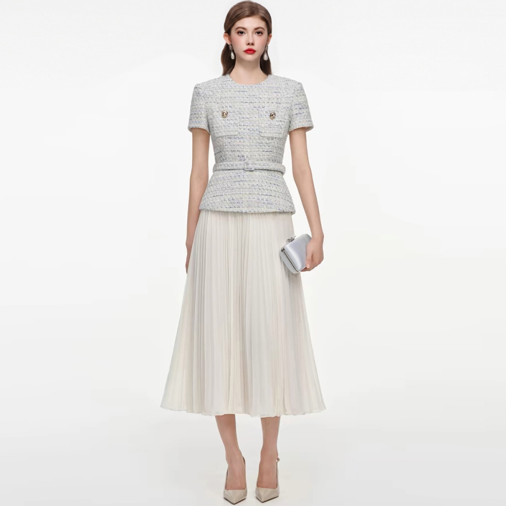 France style round neck with belt Pseudo-two coarse flower dress