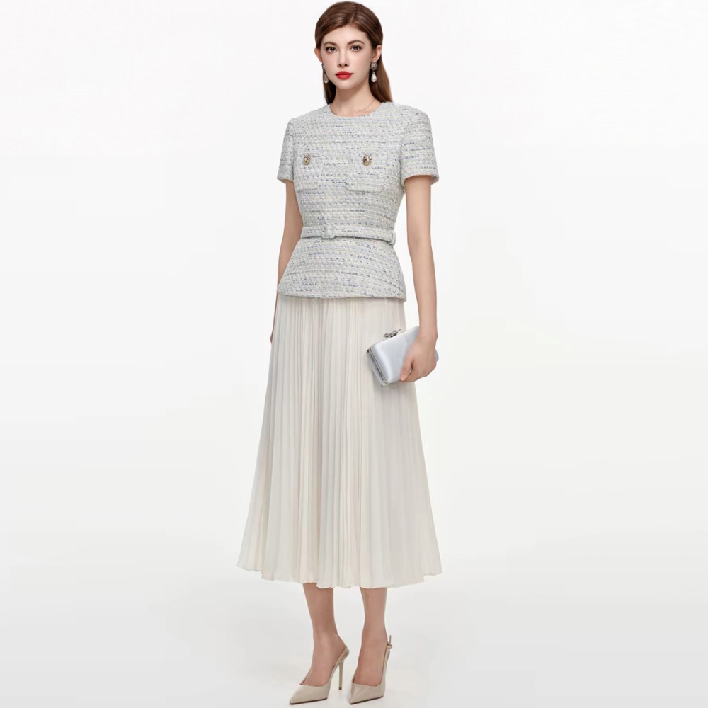 France style round neck with belt Pseudo-two coarse flower dress