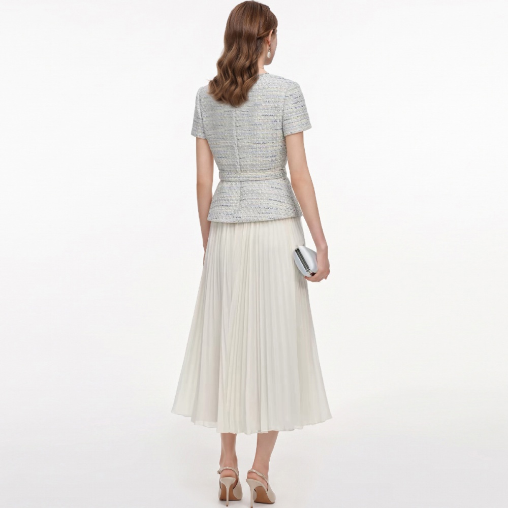 France style round neck with belt Pseudo-two coarse flower dress