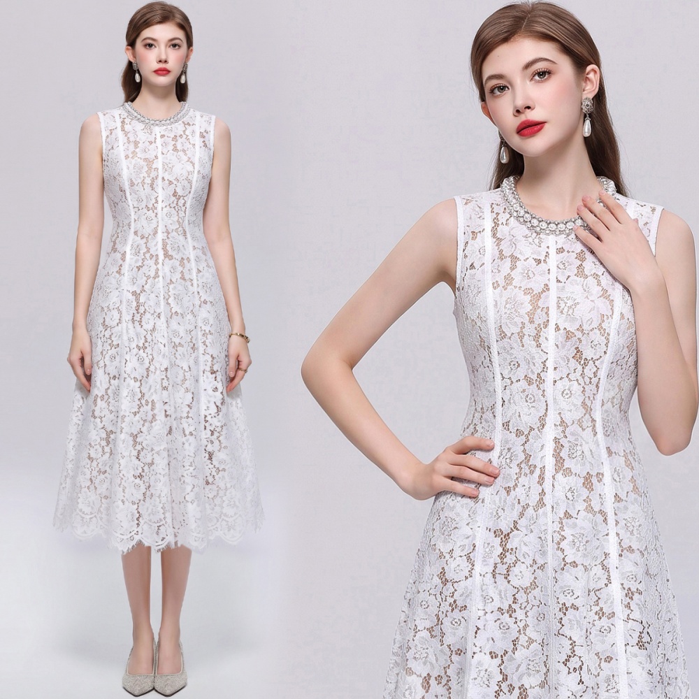 Flowers beading slim lace simple elegant sleeveless dress