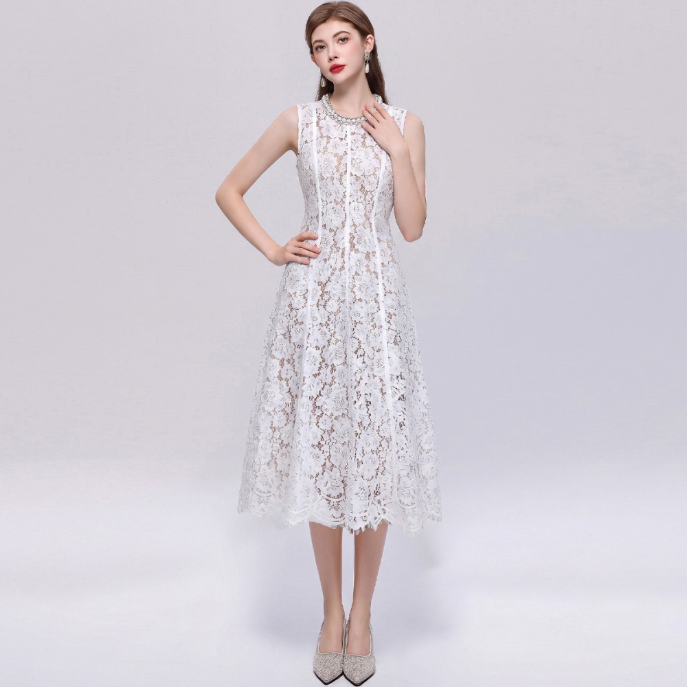Flowers beading slim lace simple elegant sleeveless dress