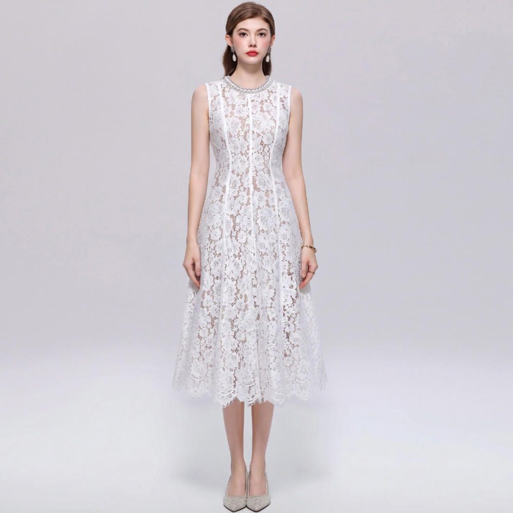 Flowers beading slim lace simple elegant sleeveless dress