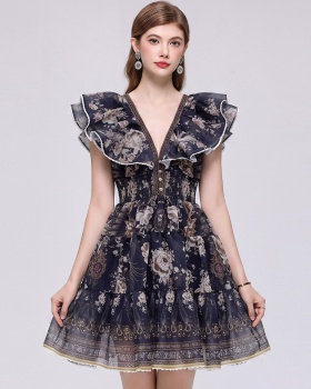 Floral slim dress lotus sleeve vacation T-back
