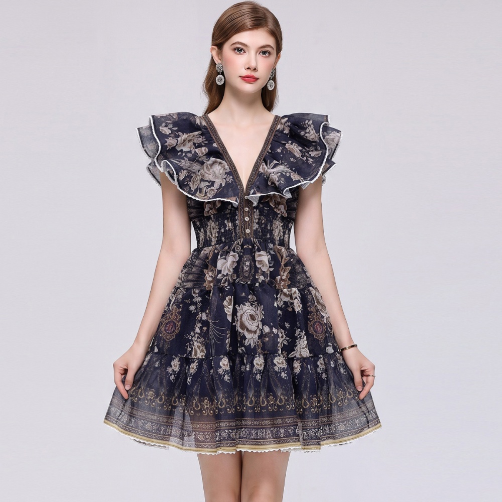 Floral slim dress lotus sleeve vacation T-back