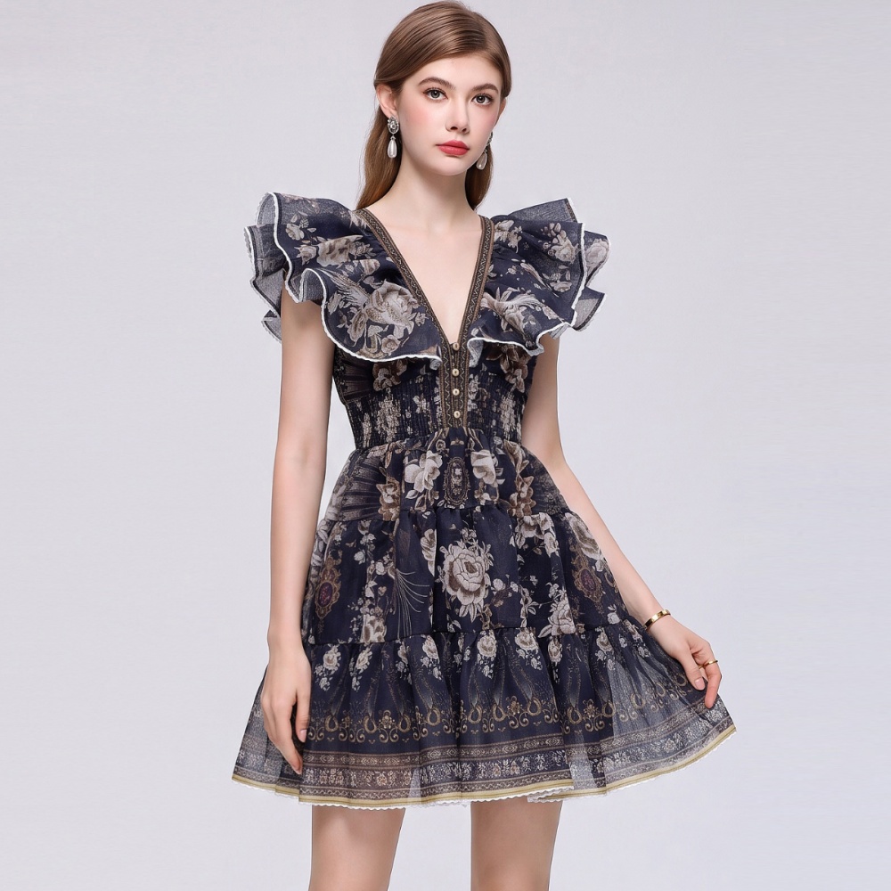 Floral slim dress lotus sleeve vacation T-back