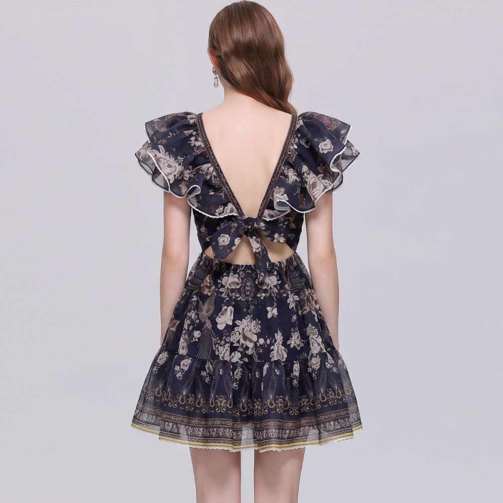 Floral slim dress lotus sleeve vacation T-back