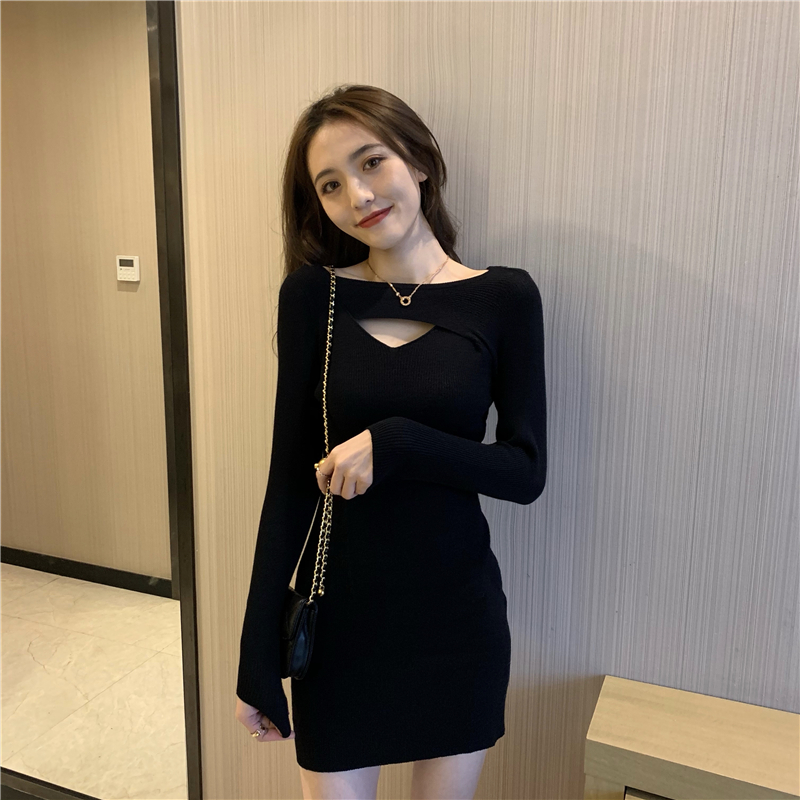 Light temperament pinched waist knitted dress