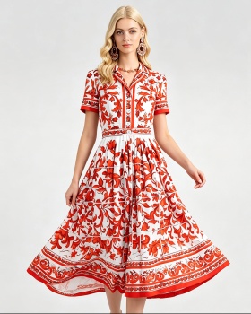 Lapel big skirt dress printing pinched waist shirt