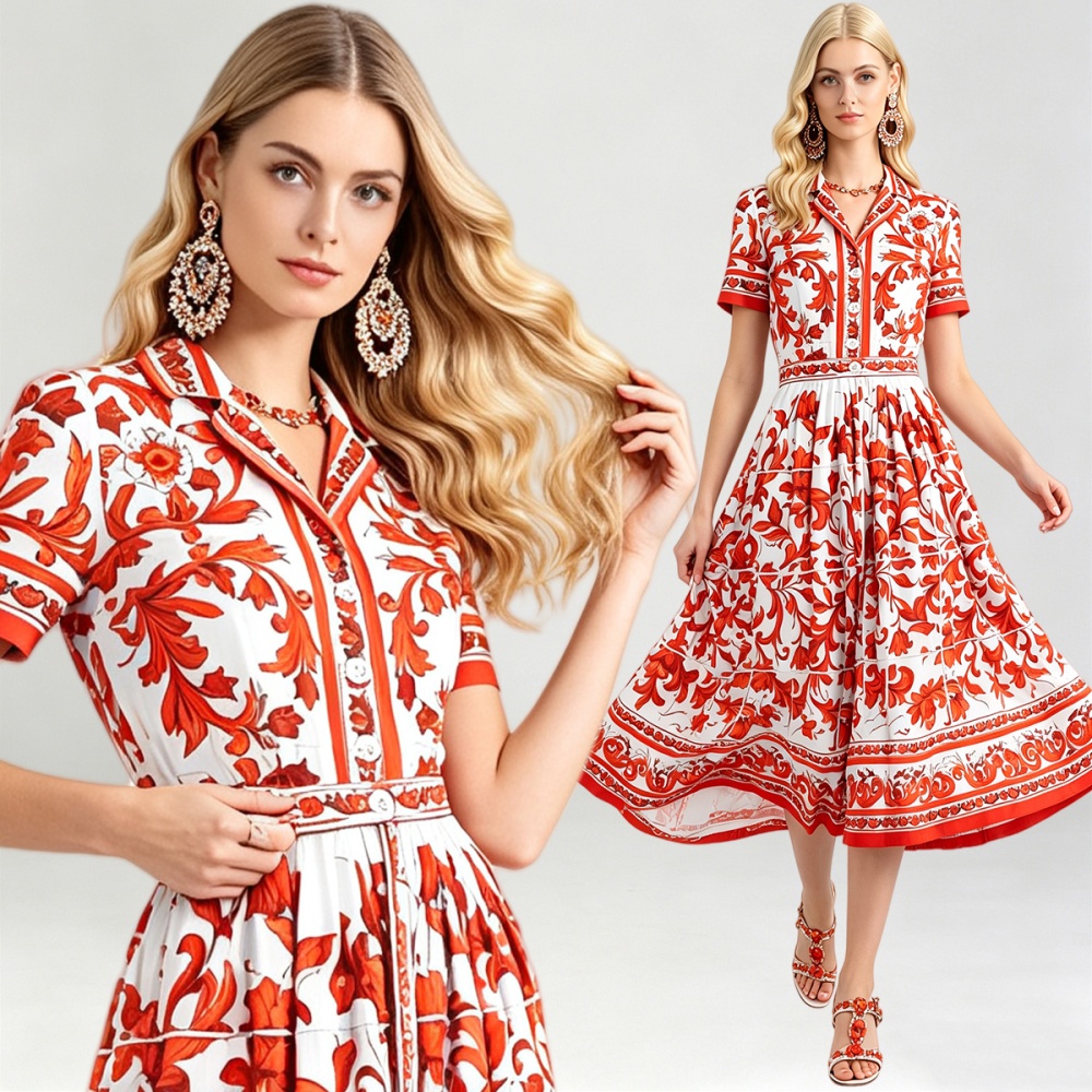 Lapel big skirt dress printing pinched waist shirt
