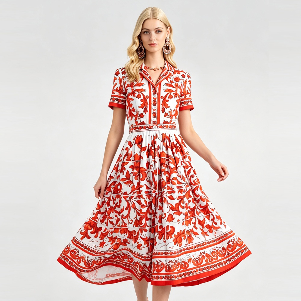 Lapel big skirt dress printing pinched waist shirt