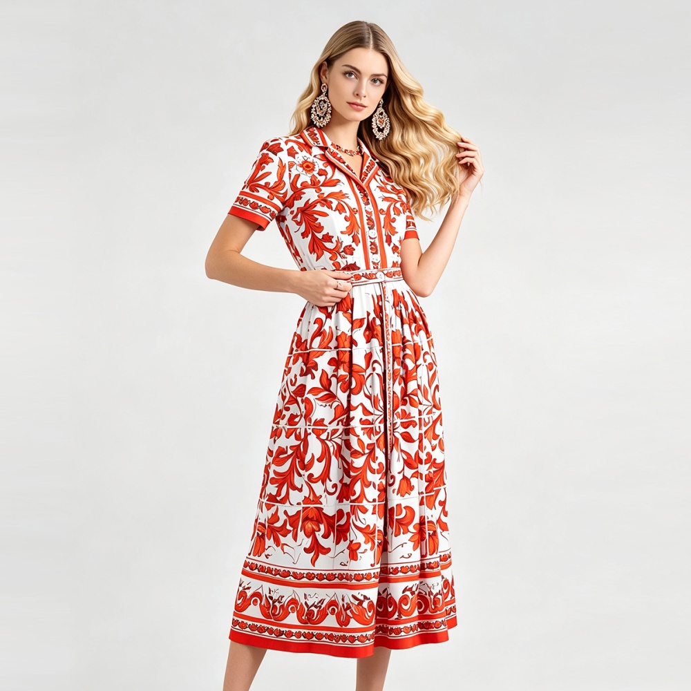 Lapel big skirt dress printing pinched waist shirt
