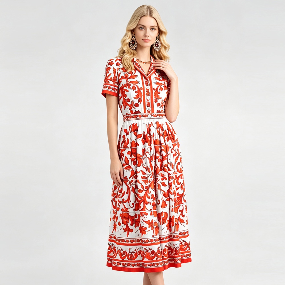 Lapel big skirt dress printing pinched waist shirt