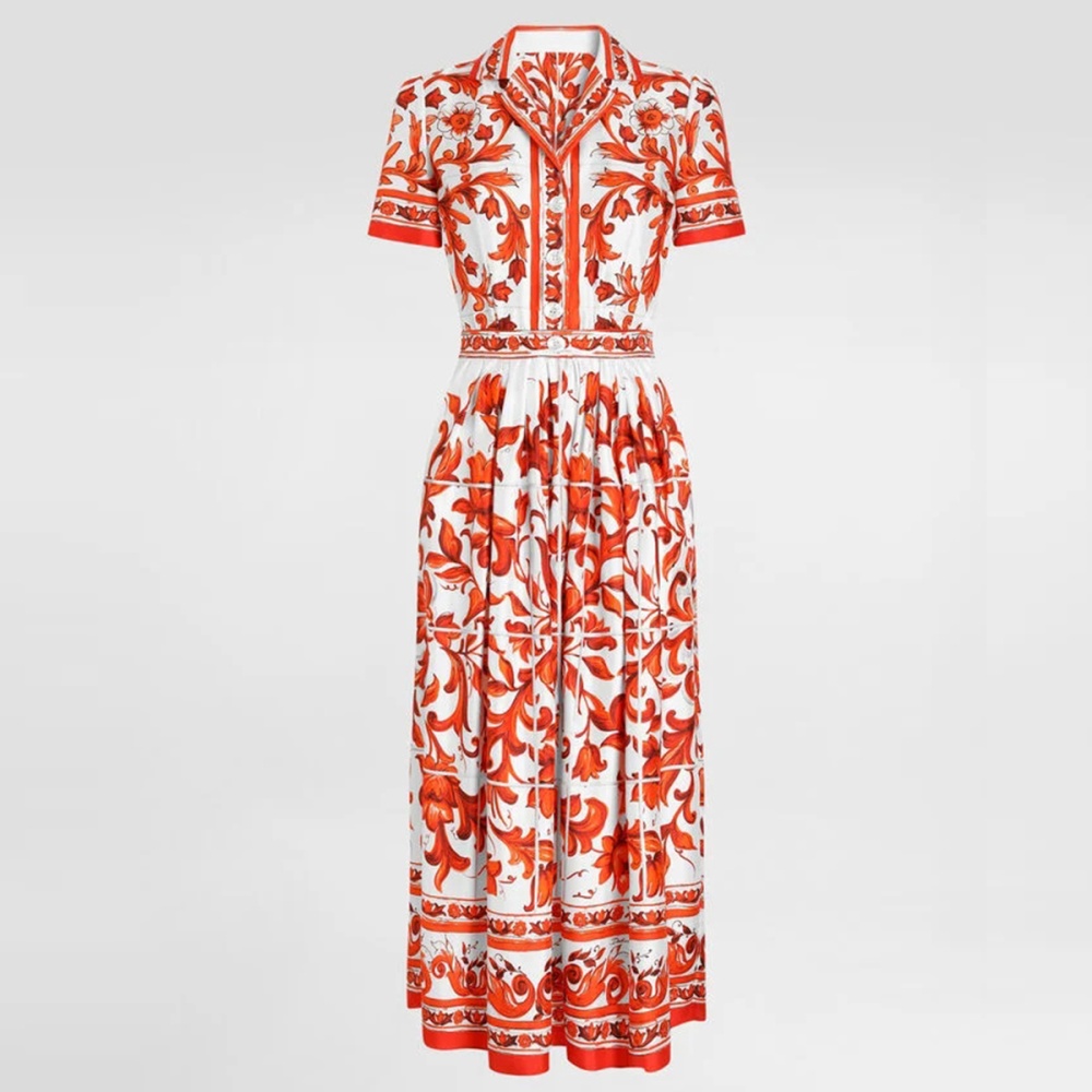 Lapel big skirt dress printing pinched waist shirt