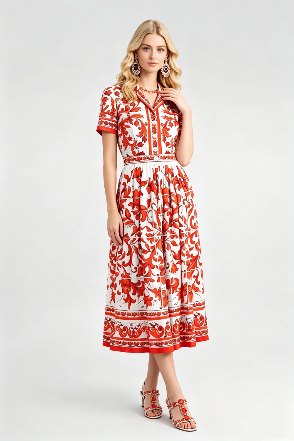 Lapel big skirt dress printing pinched waist shirt