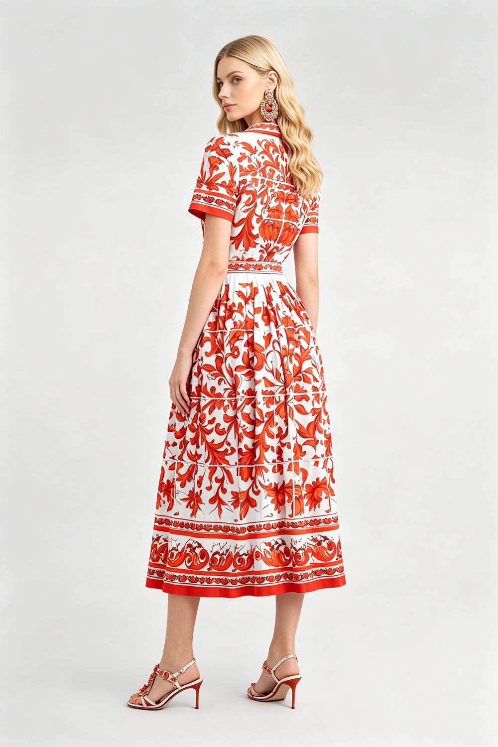 Lapel big skirt dress printing pinched waist shirt