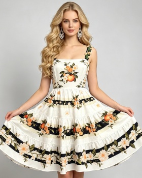 A-line slim sling summer printing high waist dress