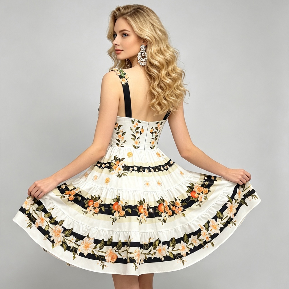 A-line slim sling summer printing high waist dress