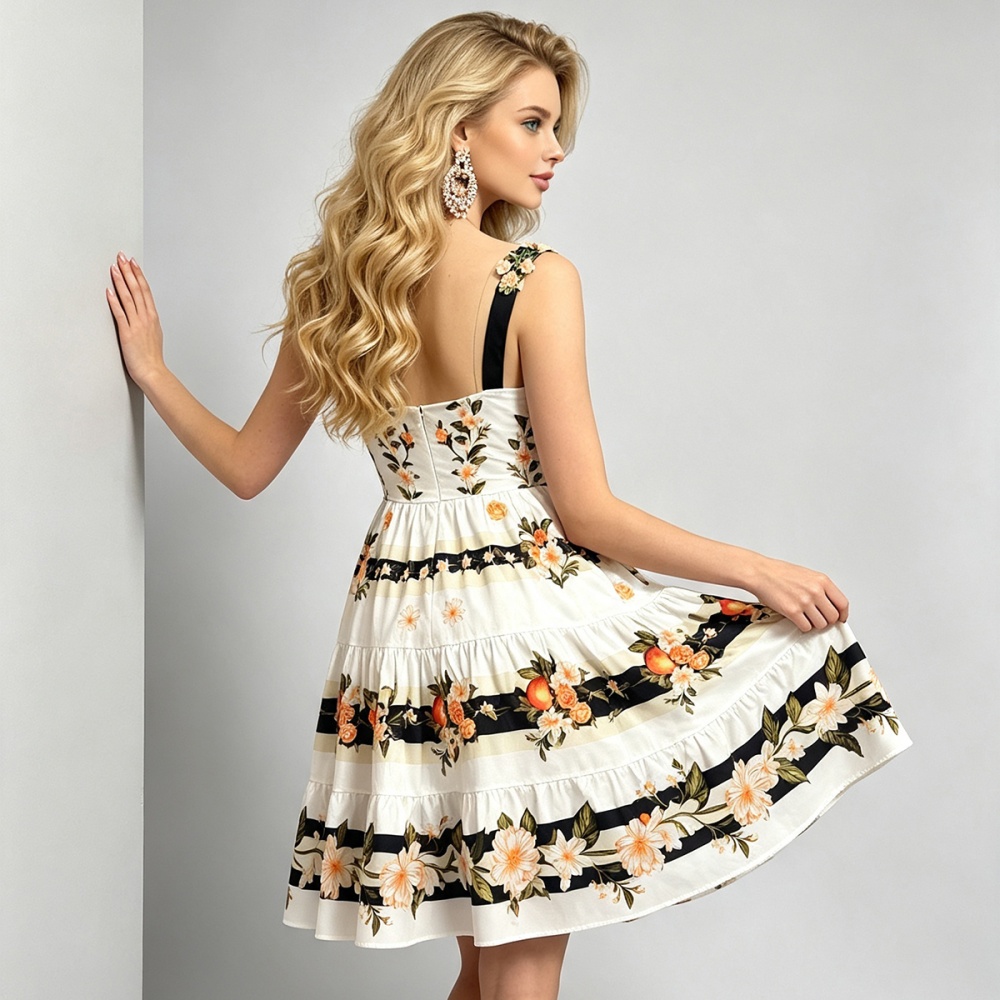A-line slim sling summer printing high waist dress
