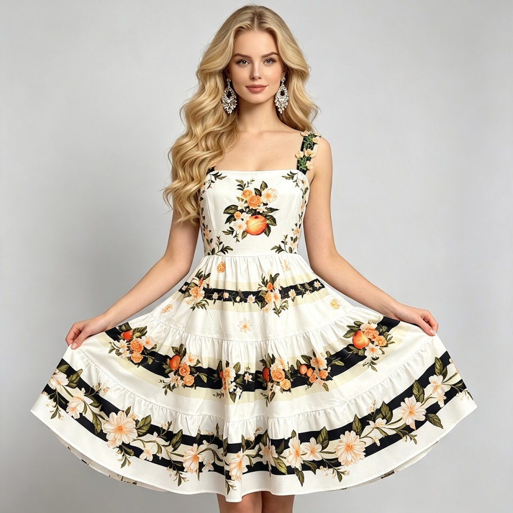 A-line slim sling summer printing high waist dress