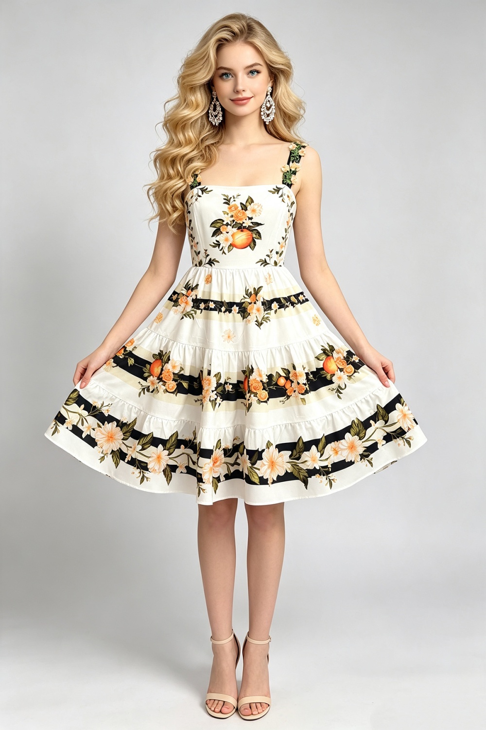 A-line slim sling summer printing high waist dress