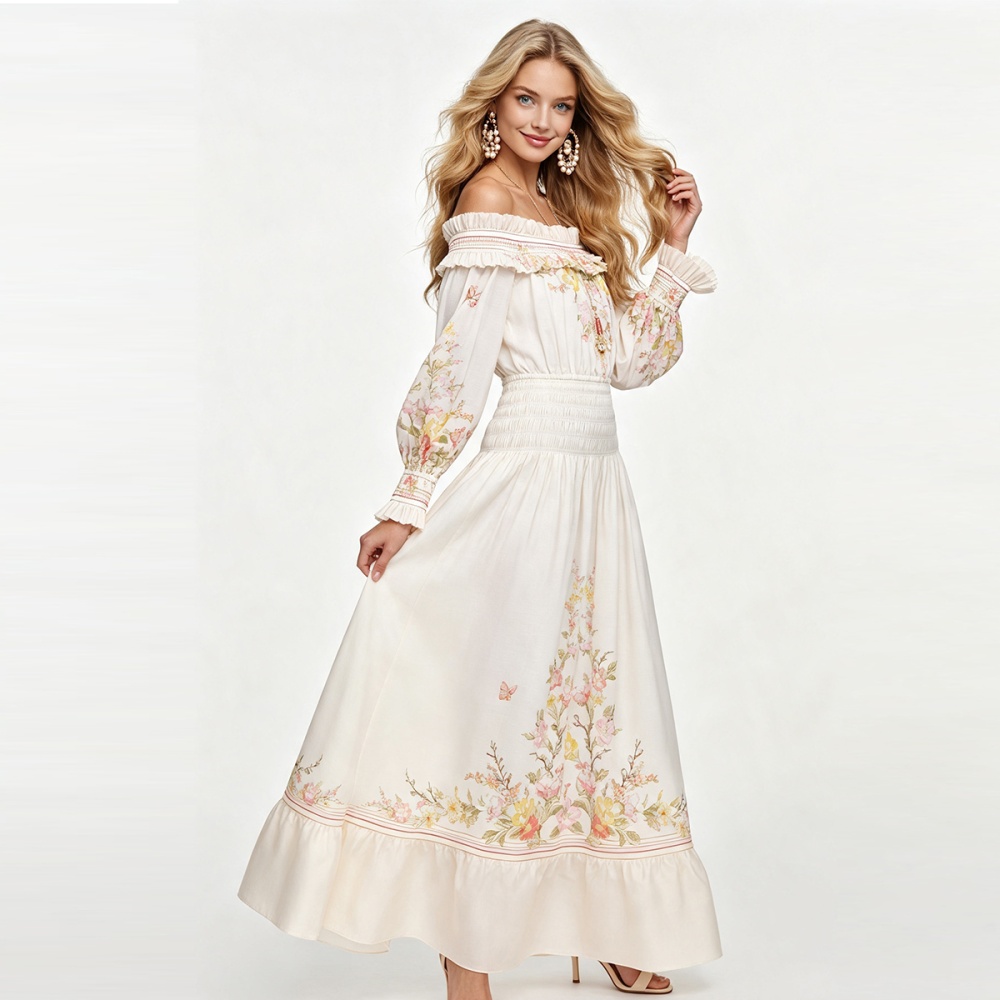 Long sleeve long dress horizontal collar dress