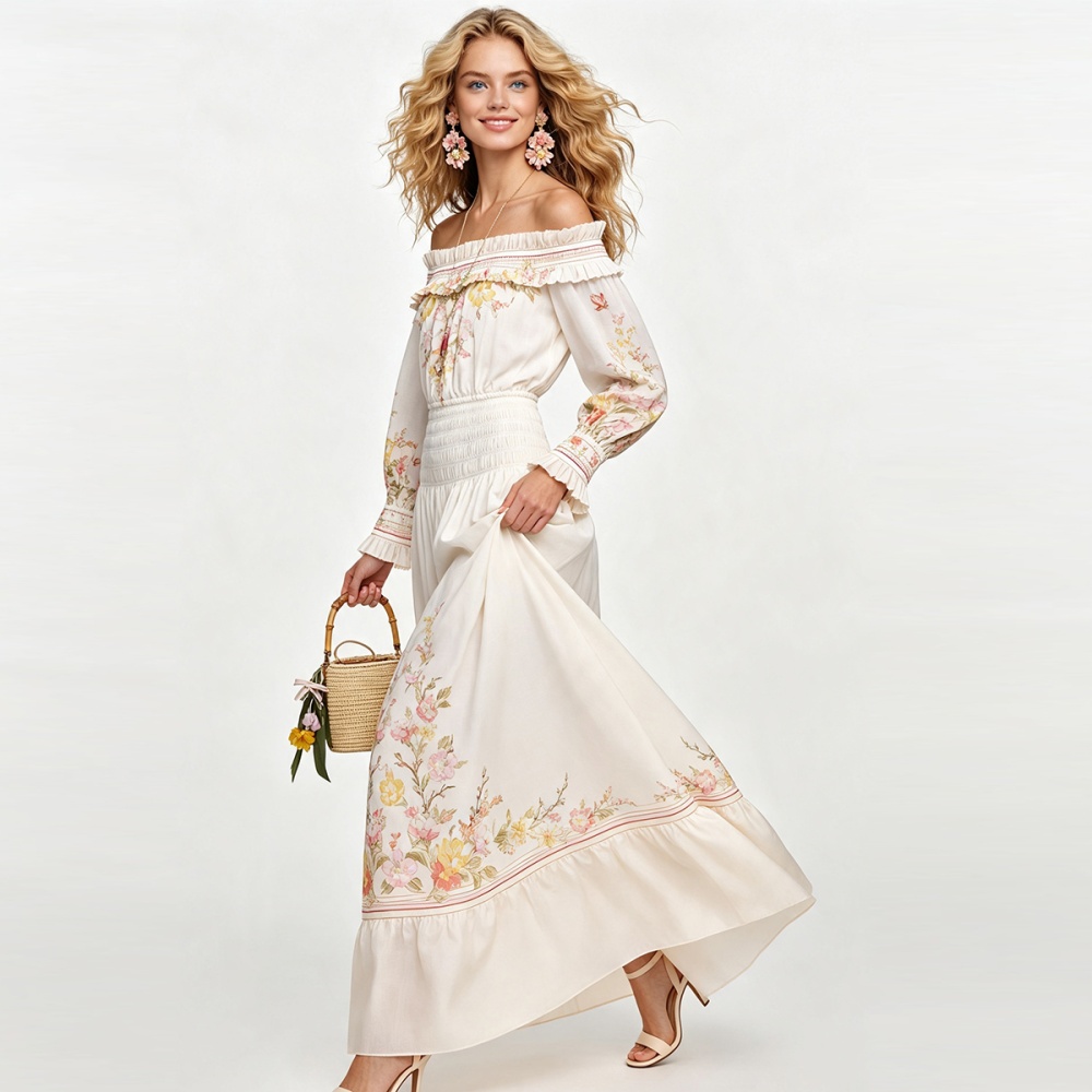 Long sleeve long dress horizontal collar dress