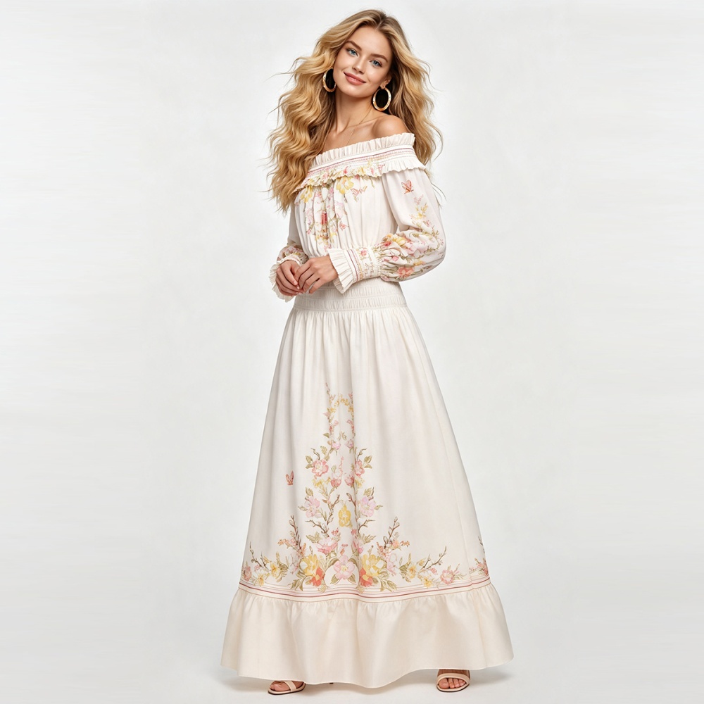 Long sleeve long dress horizontal collar dress