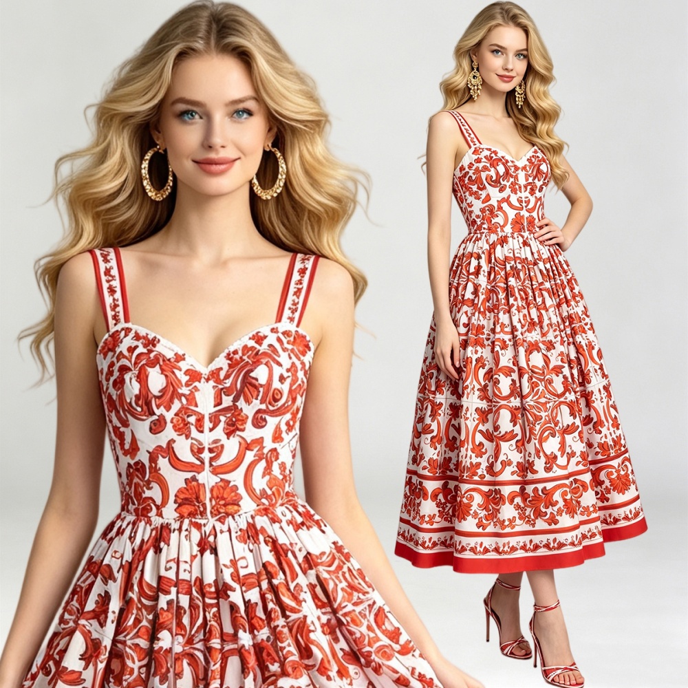 Printing sling wrapped chest stereoscopic retro dress