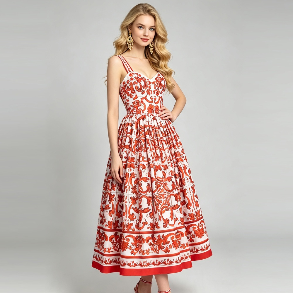 Printing sling wrapped chest stereoscopic retro dress